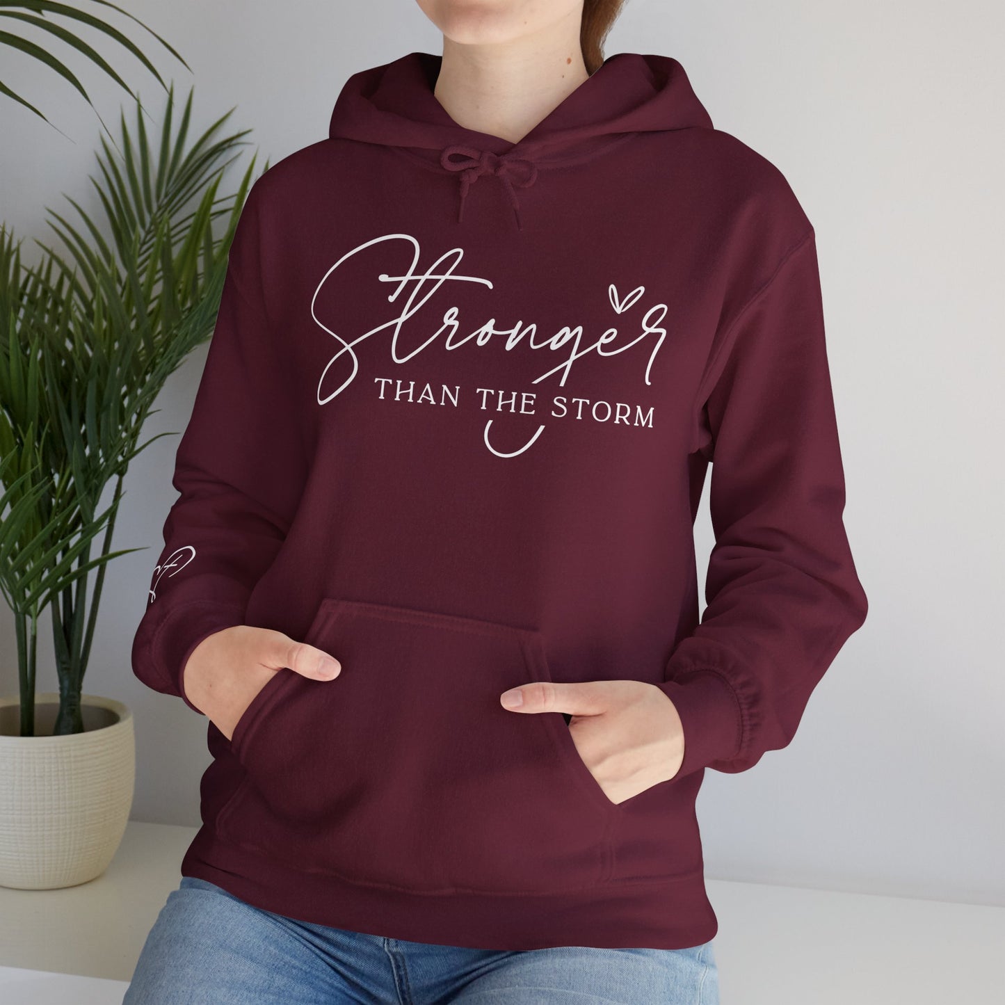 Christian Stronger than the Storm graphic Sweatshirt, unisex faith hooded top, inspirational bible verse hoodie, motivational religious apparel, trending winter,