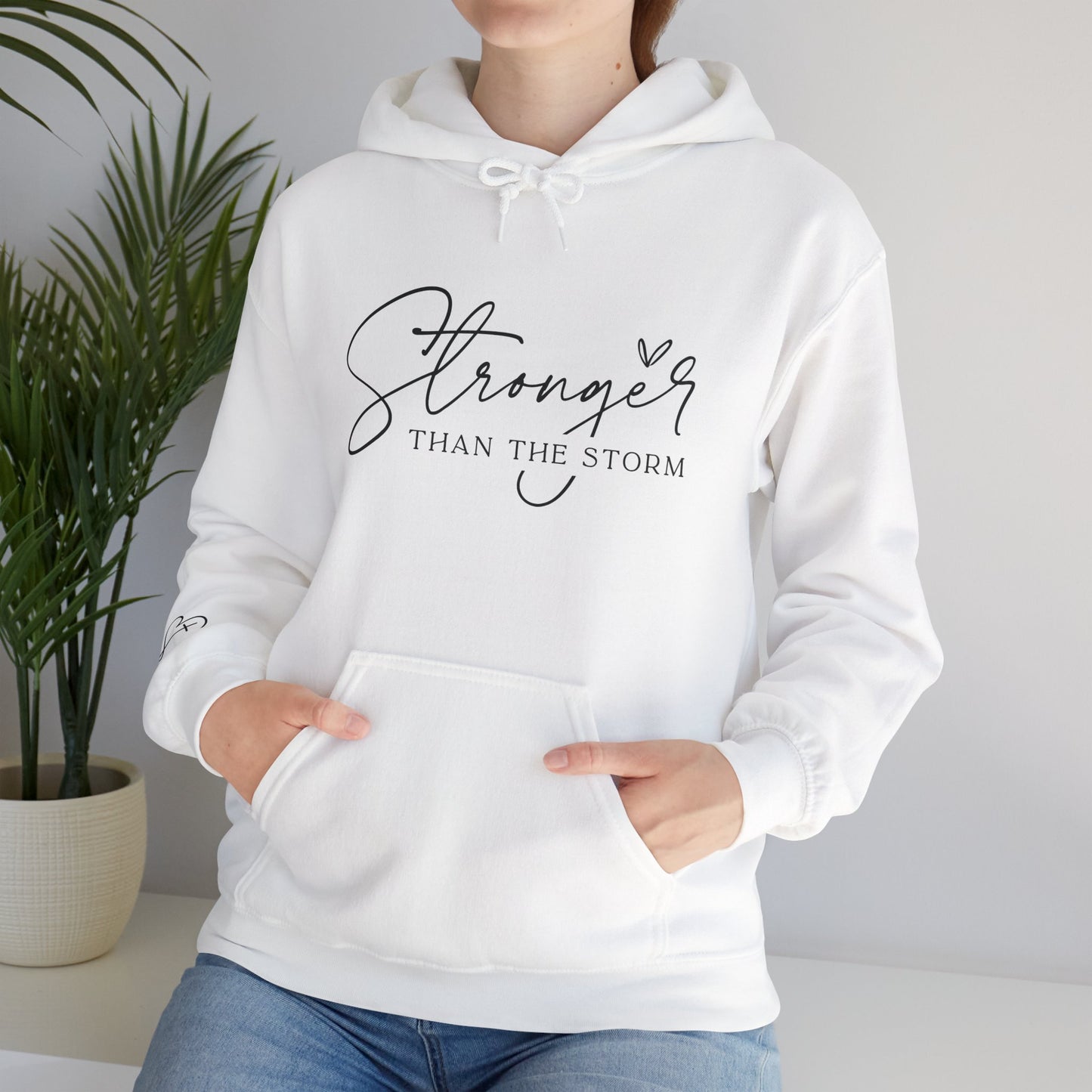 Christian Stronger than the Storm graphic Sweatshirt, unisex faith hooded top, inspirational bible verse hoodie, motivational religious apparel, trending winter,