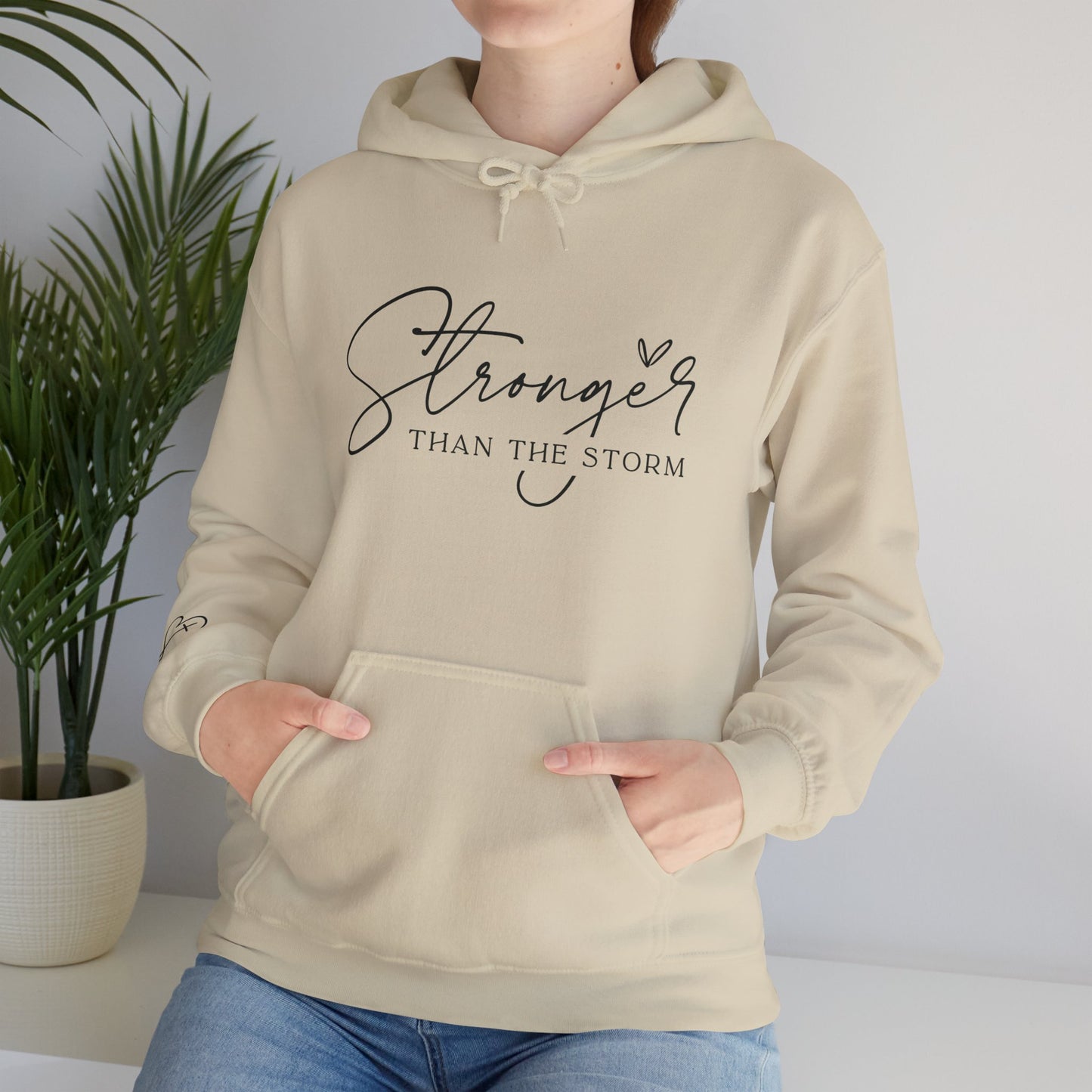 Christian Stronger than the Storm graphic Sweatshirt, unisex faith hooded top, inspirational bible verse hoodie, motivational religious apparel, trending winter,