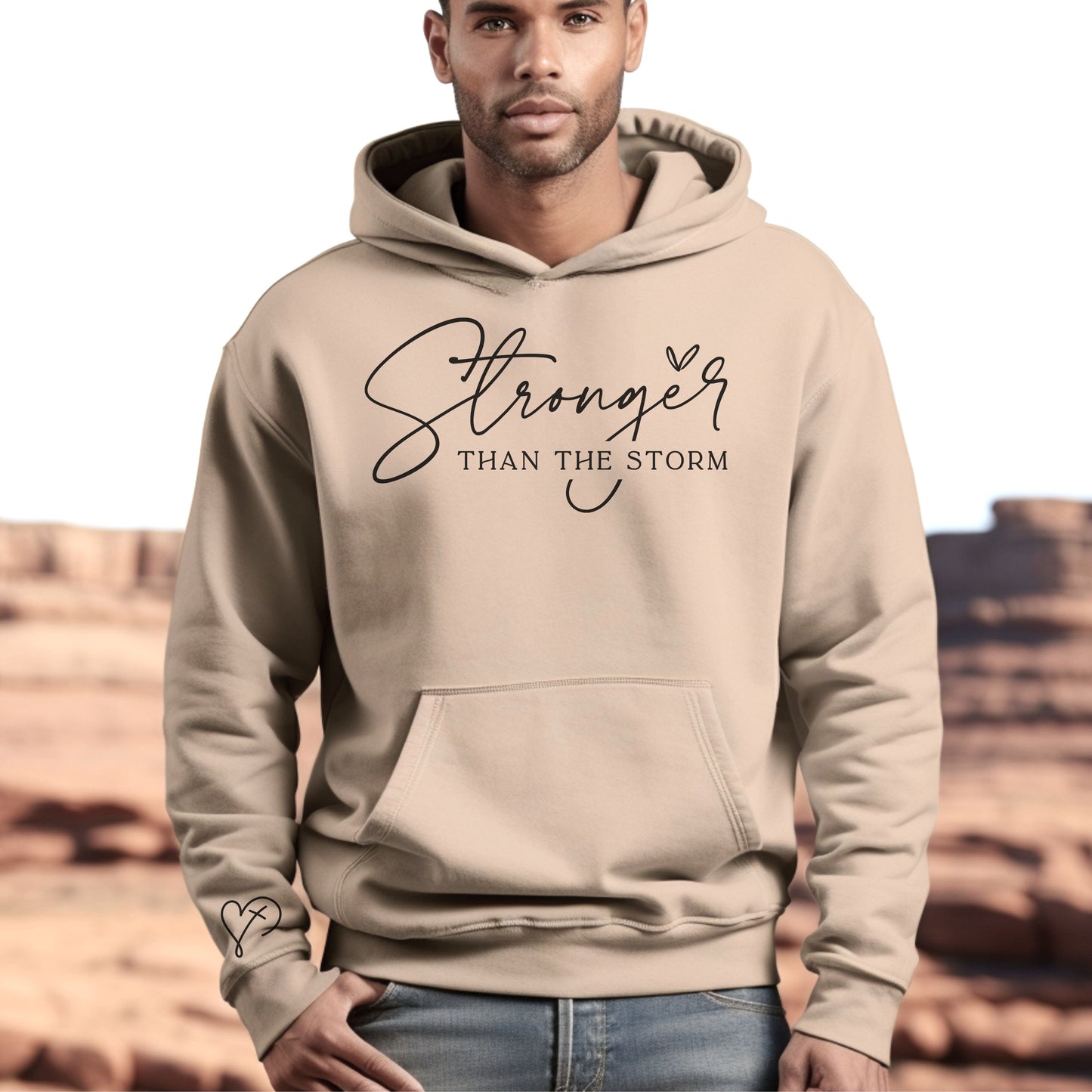 Christian Stronger than the Storm graphic Sweatshirt, unisex faith hooded top, inspirational bible verse hoodie, motivational religious apparel, trending winter,